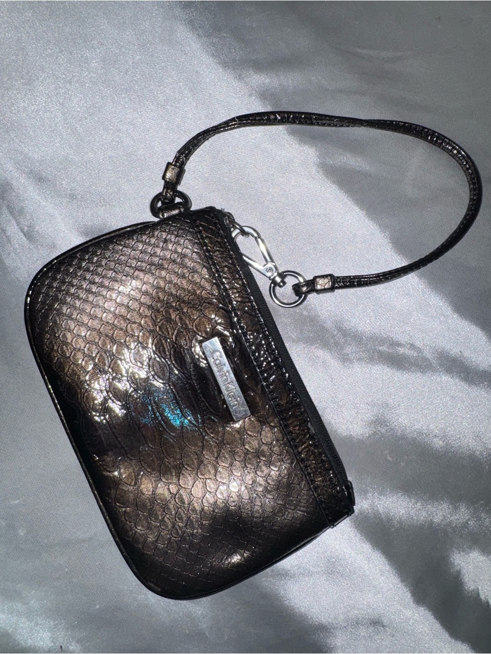 Calvin Klein Metallic Black Textured Leather Wristlet Pouch